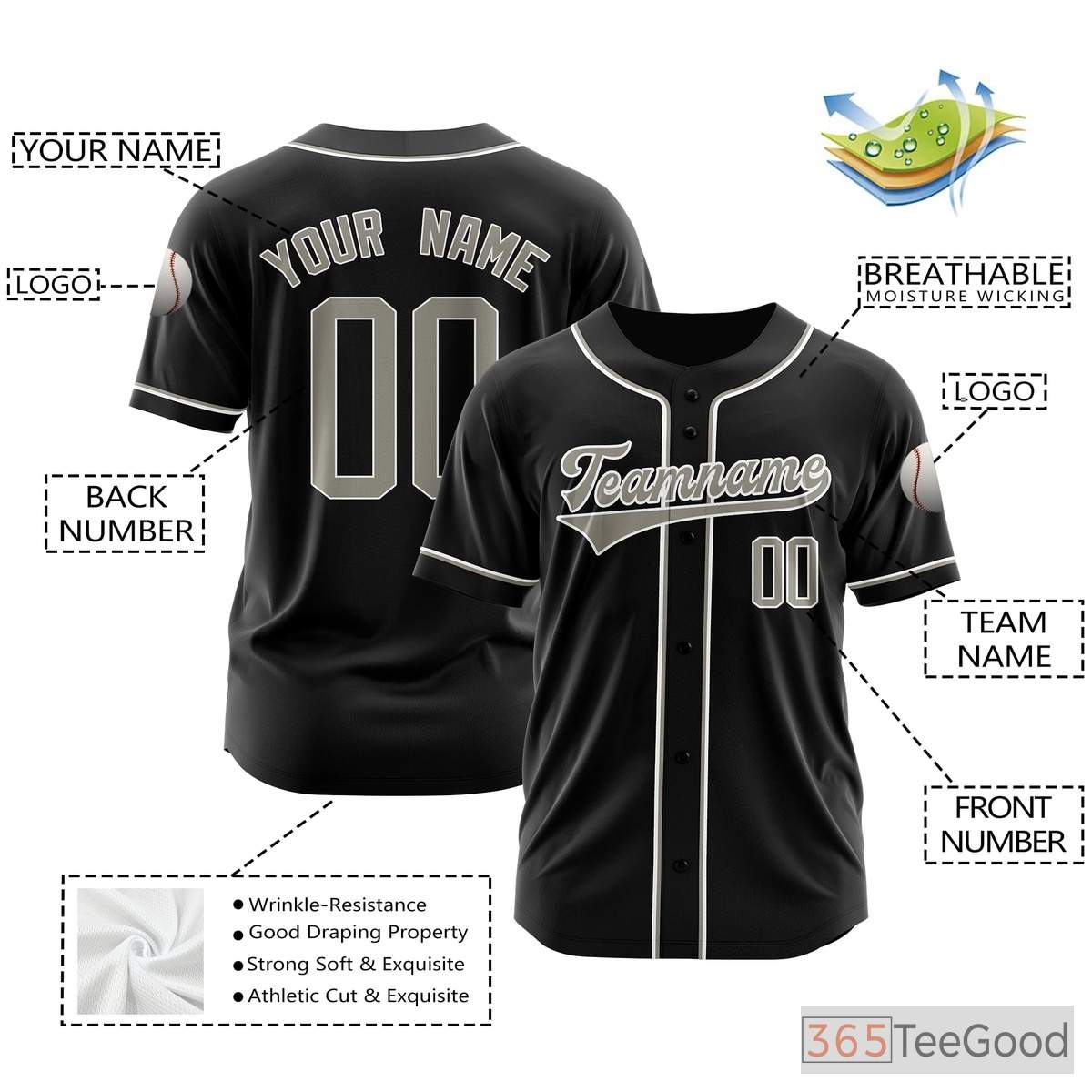Black & Gray Baseball Jersey for Men & Women - Personalize Your Team Look