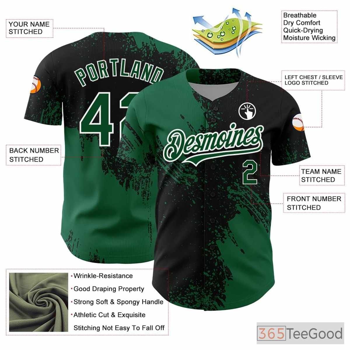 Black & Green Baseball Jersey Tee - Add Your Stitched Name & Number