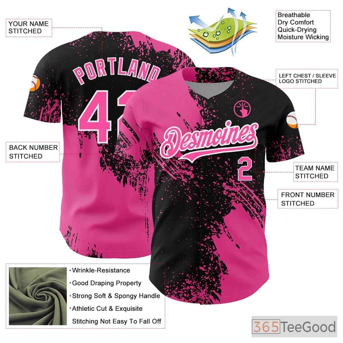 Black & Pink Baseball Jersey Tee - Personalized with Custom Stitched Name & Number