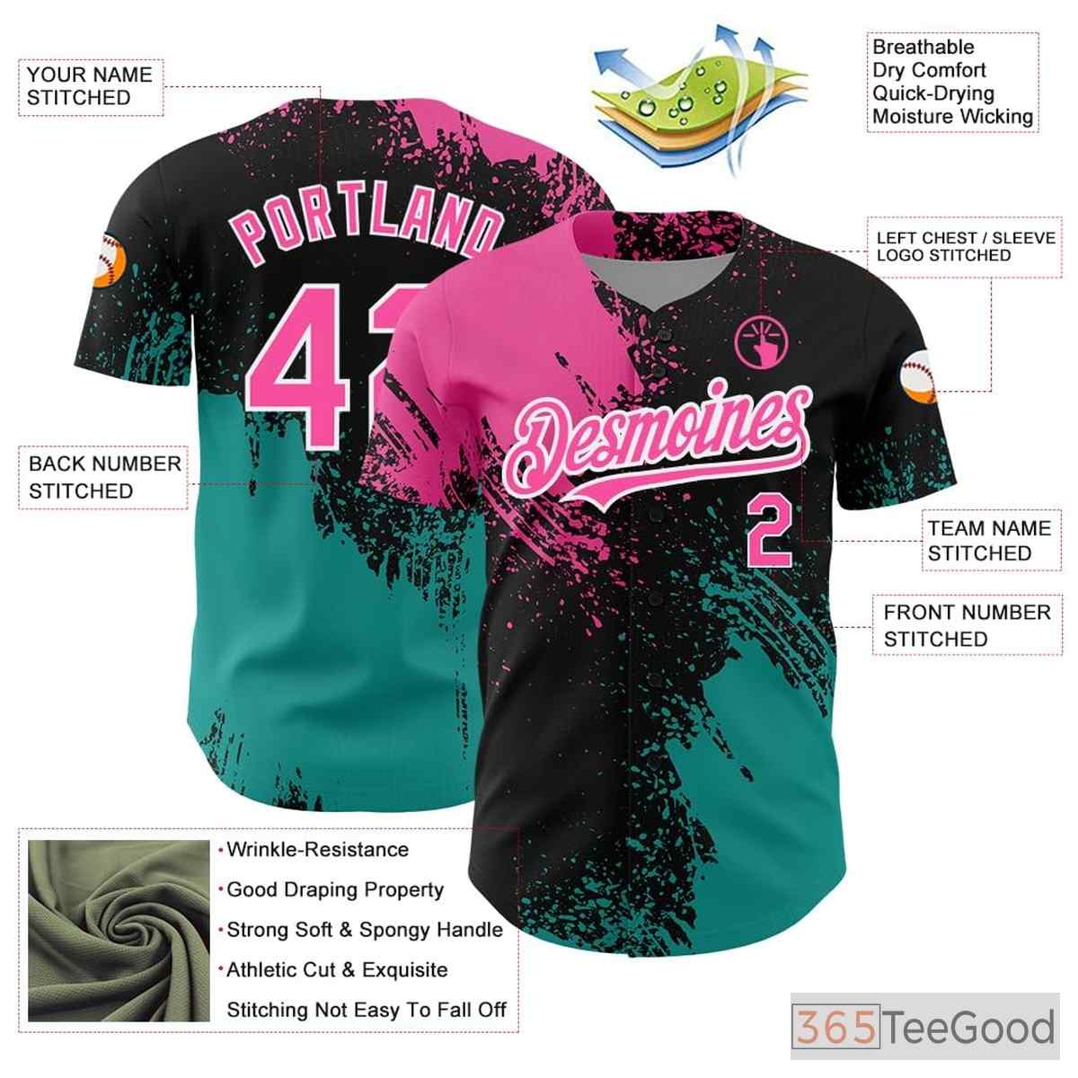 Black & Pink Baseball Jersey Tee - Custom Stitched Name & Number Details