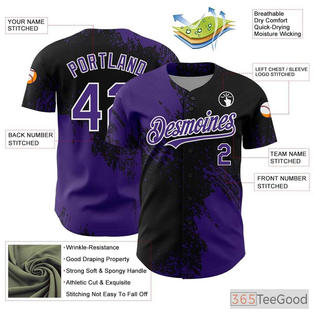 Black & Purple Baseball Jersey Tee - Custom Stitched Player Name, Number & Team Logo