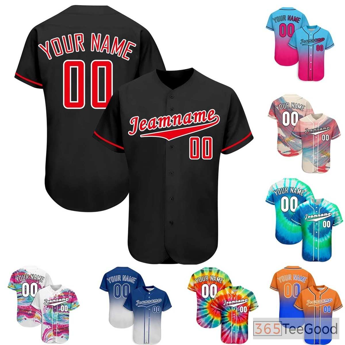 Black & Red Custom Baseball Jersey Button Down Personalized Unisex Team Sports Tee