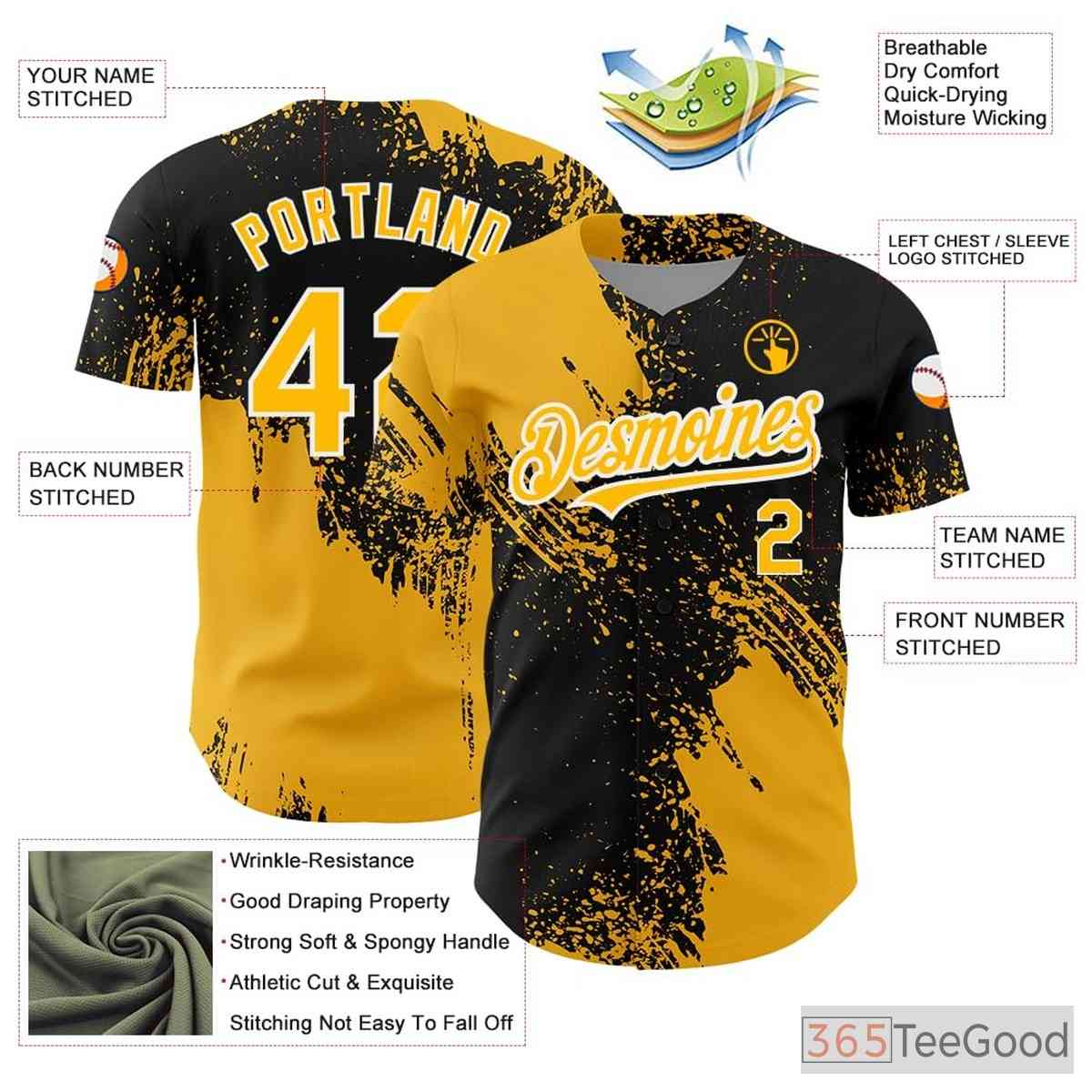 Black & Yellow Baseball Jersey Tee with Custom Stitched Name and Number Details