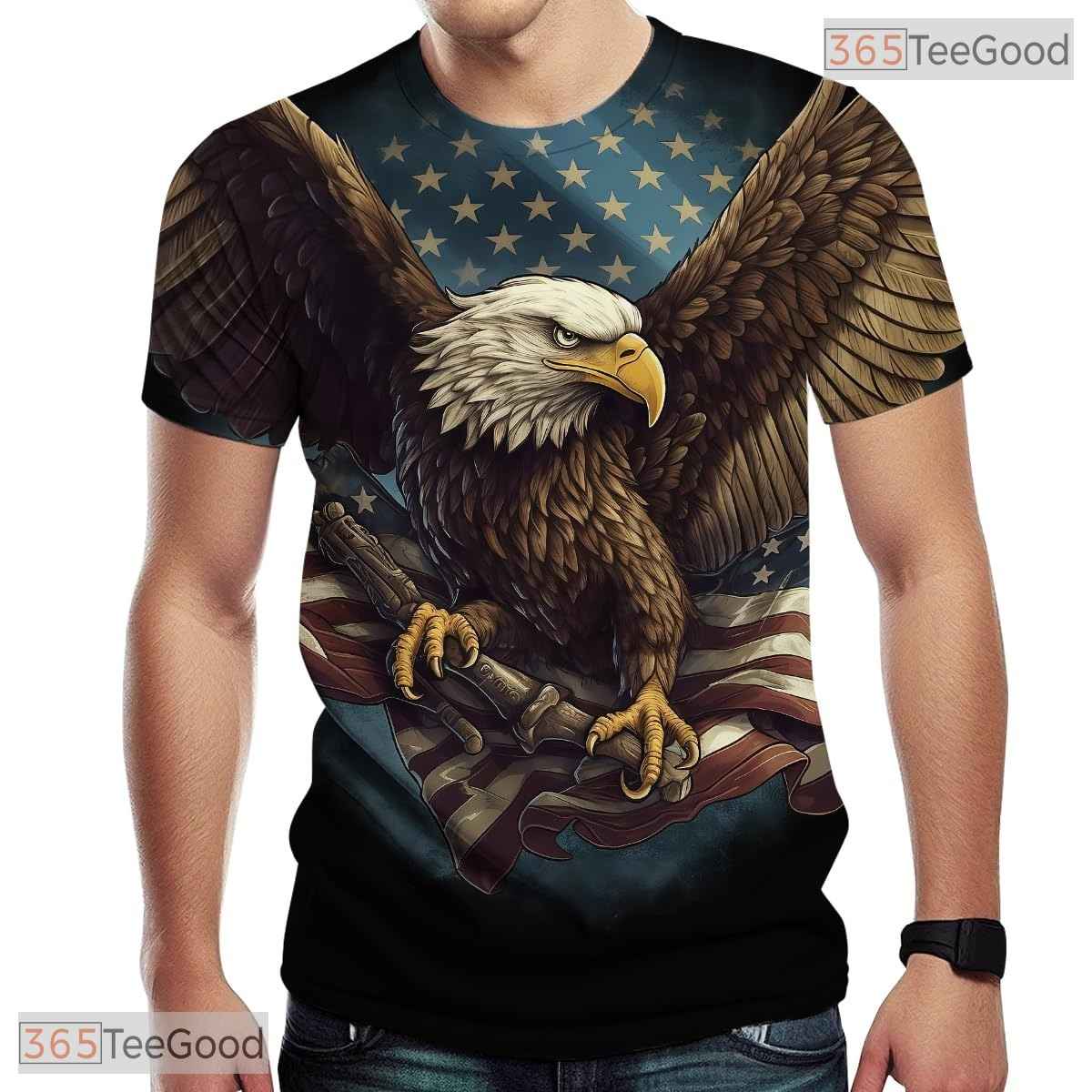 Novelty Bald Eagle USA Flag Black 3D Graphic Printed Casual T-Shirt Men Women