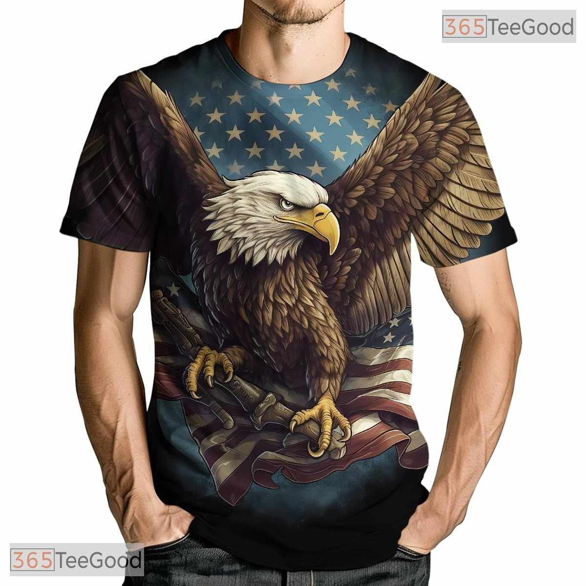 Novelty Bald Eagle USA Flag Black 3D Graphic Printed Casual T-Shirt Men Women