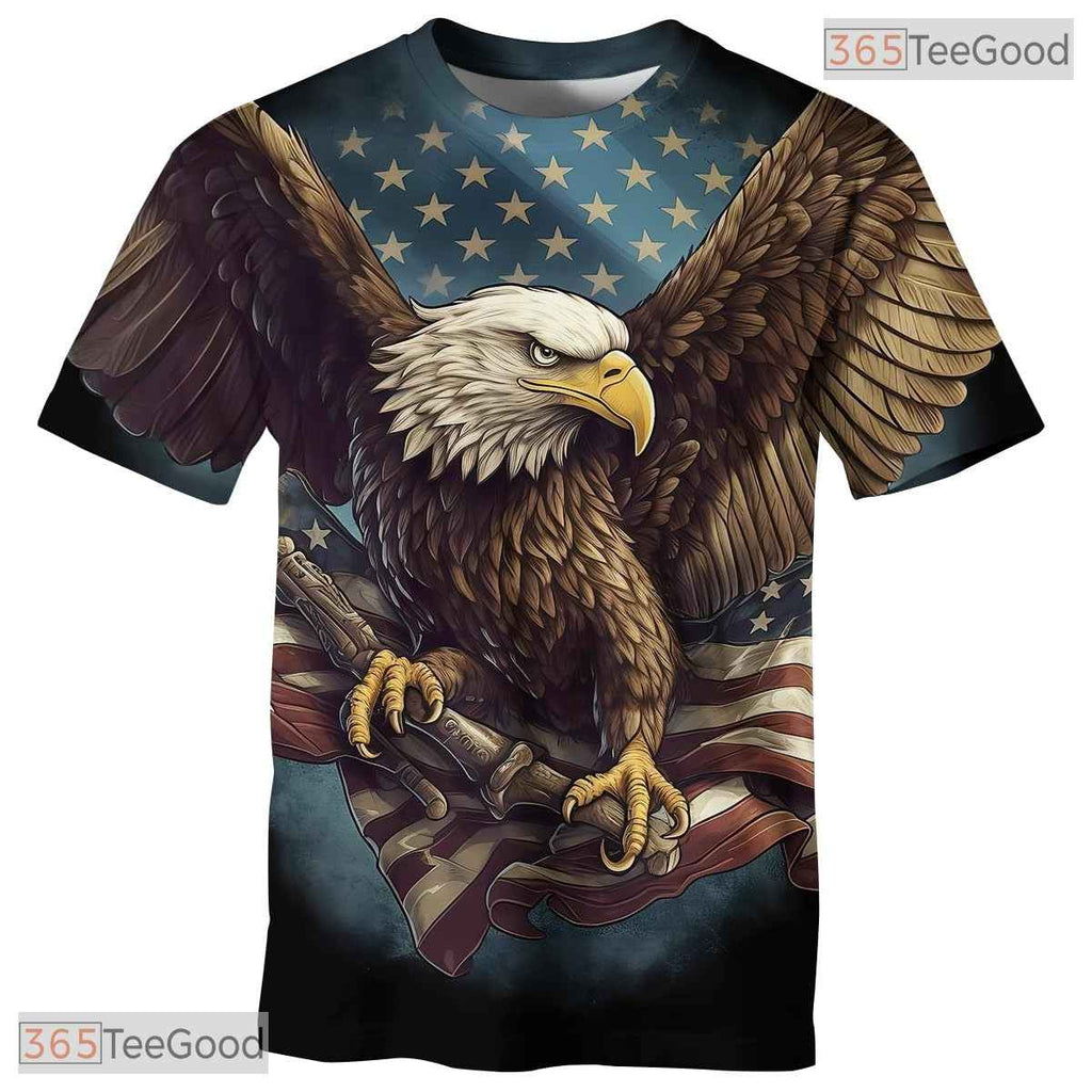 Novelty Bald Eagle USA Flag Black 3D Graphic Printed Casual T-Shirt Men Women