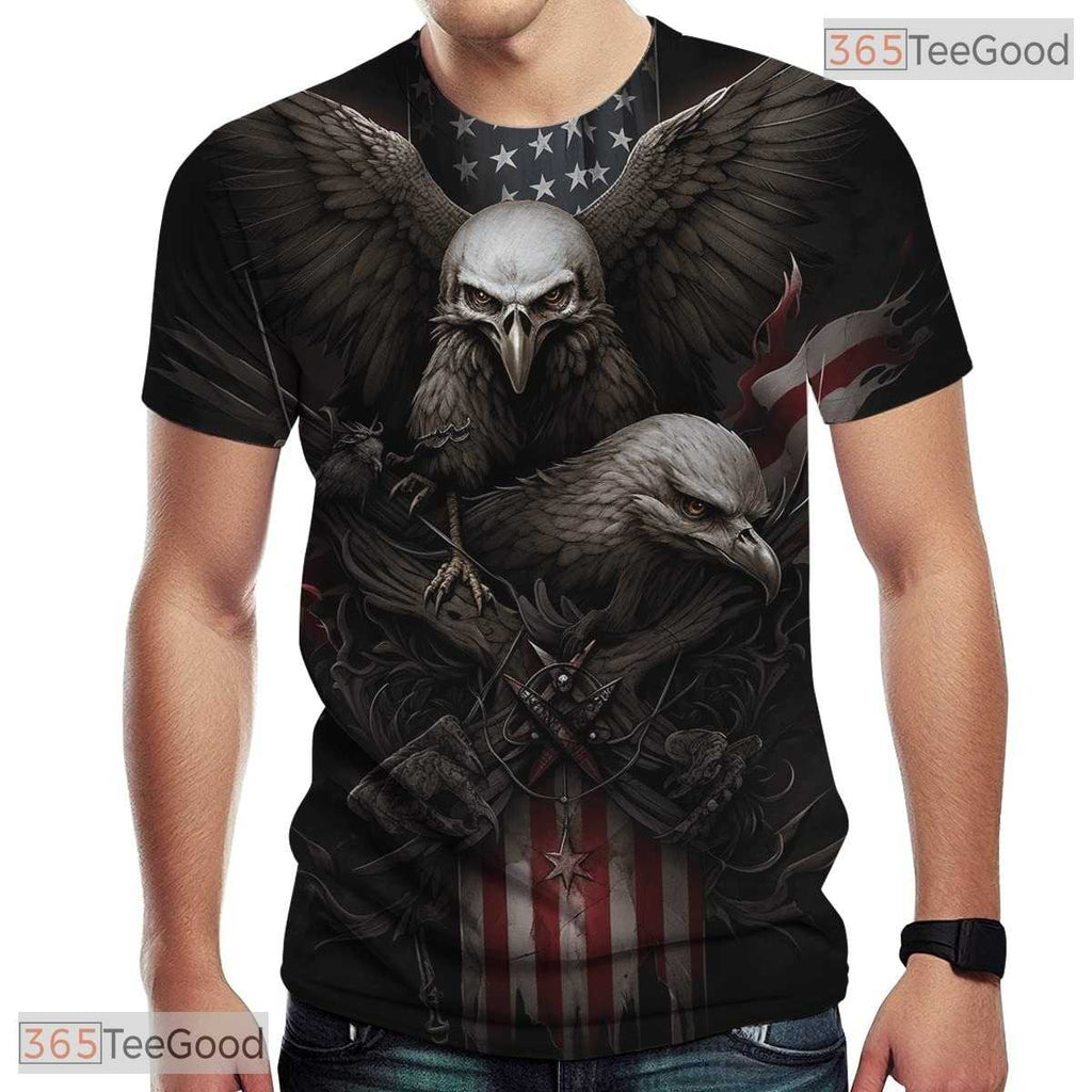 Majestic Eagle American Flag Black 3D Graphic Print Casual Unisex Tee Shirt