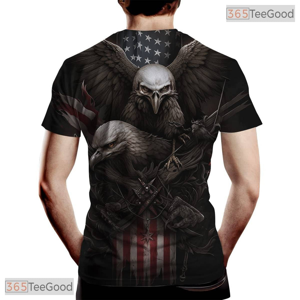Majestic Eagle American Flag Black 3D Graphic Print Casual Unisex Tee Shirt