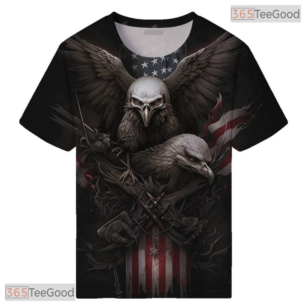 Majestic Eagle American Flag Black 3D Graphic Print Casual Unisex Tee Shirt