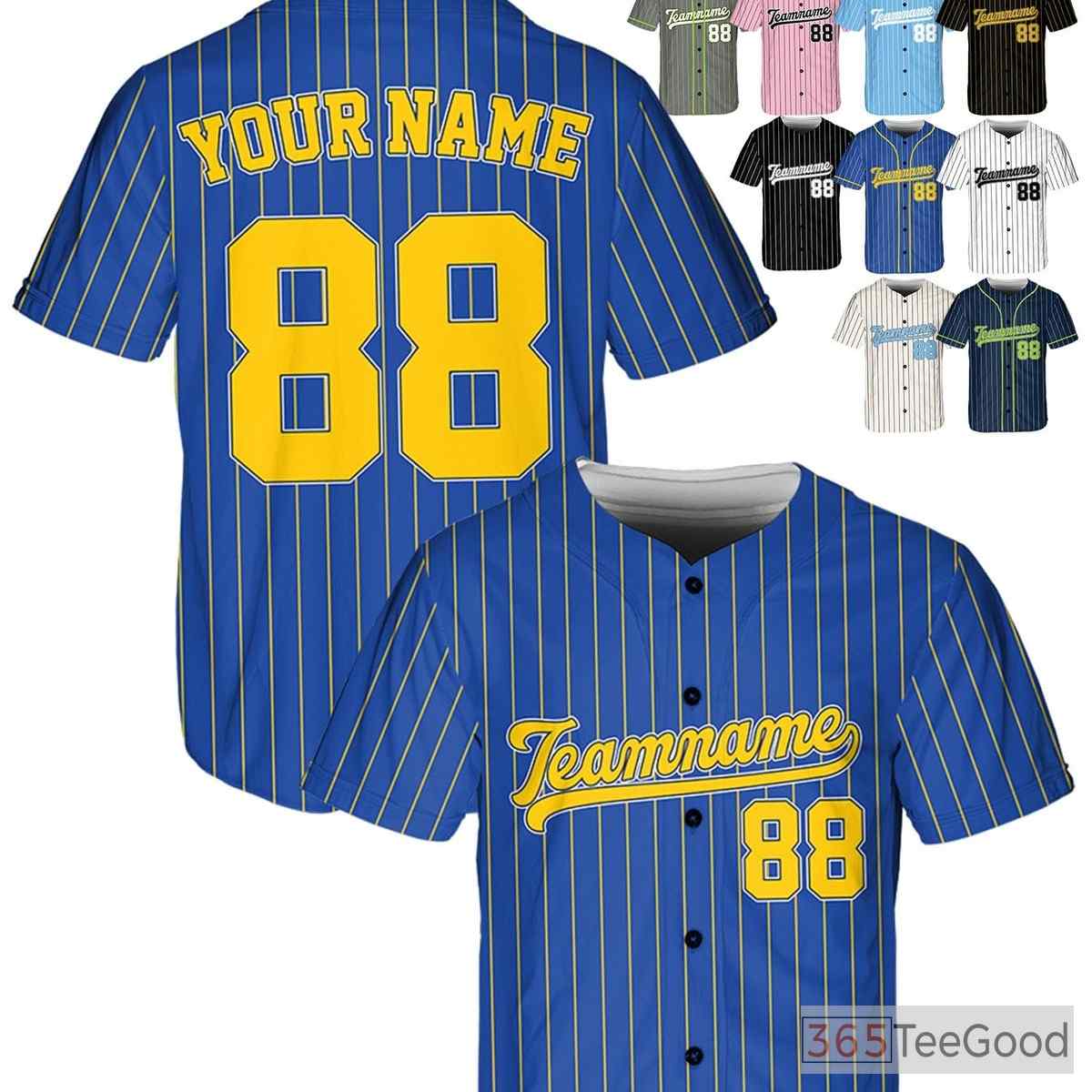 Blue and Yellow Baseball Jersey Tee - Custom Name, Number, and Logo Personalization