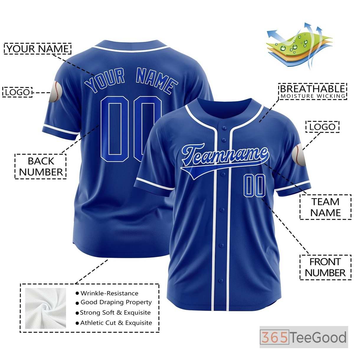Blue Baseball Jersey Tee for Men & Women - Personalized with Team Name & Number