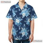 Blue Floral Tropical Hawaiian Shirt- Unisex Beach Vacation Button-Up Aloha Top