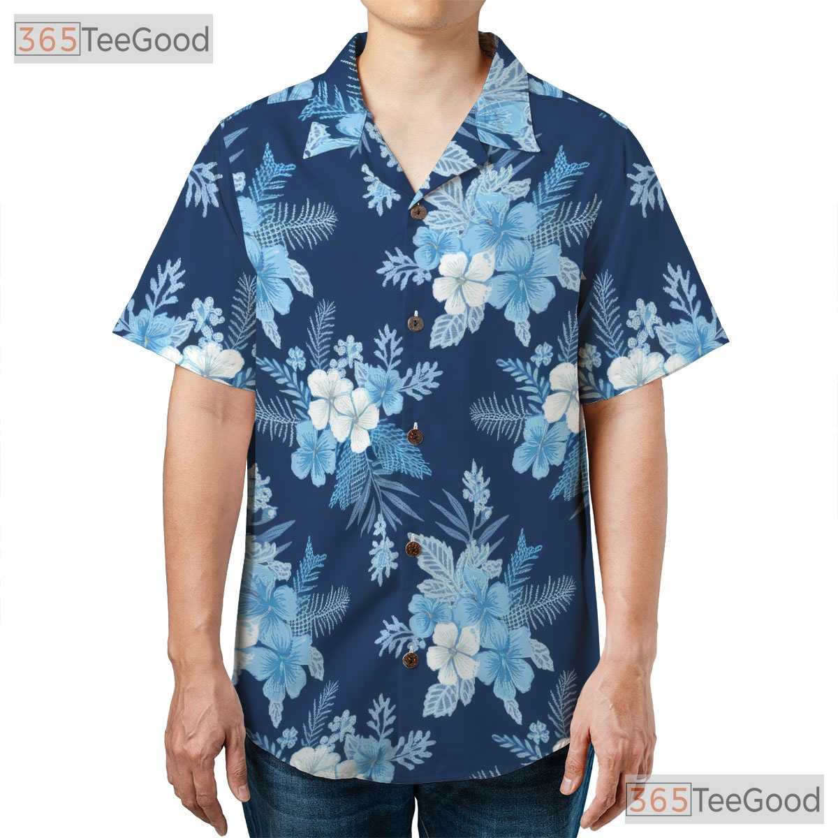 Blue Floral Tropical Hawaiian Shirt- Unisex Beach Vacation Button-Up Aloha Top