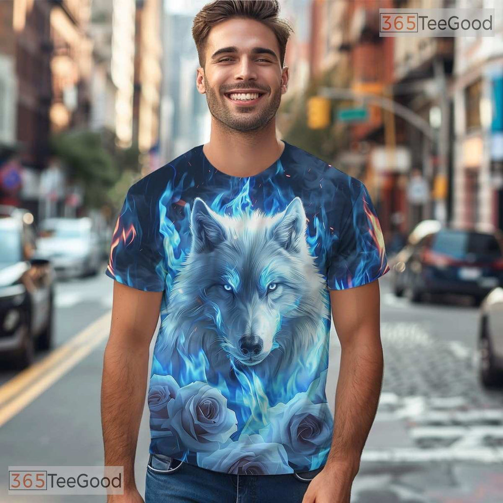 Blue Floral Wolf American Eagle Flag 3D Graphic Printed Casual Unisex Tee Tops