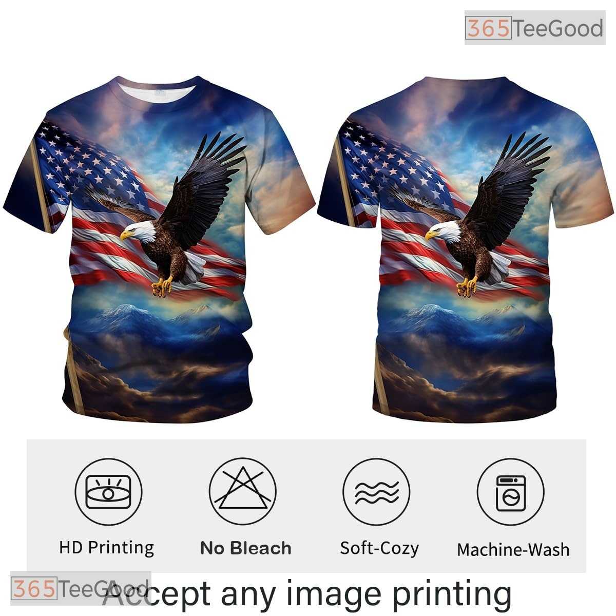 Blue USA Bald Eagle American Flag Pattern 3D Graphic Casual Unisex T-Shirt Tops