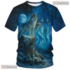 Blue Wild Wolf Funny Graphic Novelty 3D Pattern Printed Casual Unisex Tee Shirt Tops
