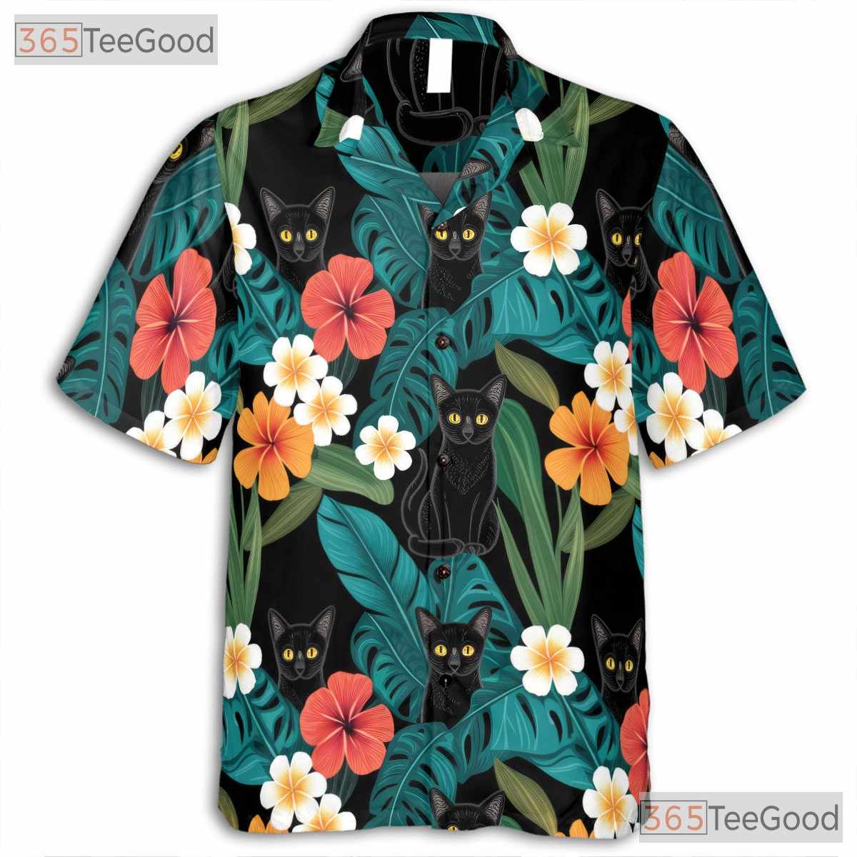 Blue Jungle Leaf Black Cat Hawaiian Shirt- Unisex Floral Island Style Top