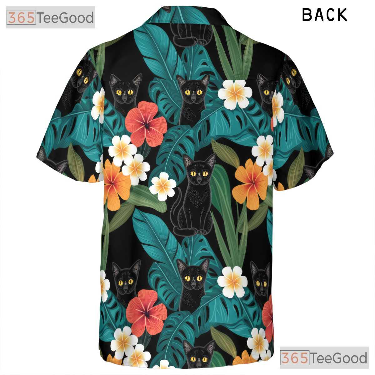Blue Jungle Leaf Black Cat Hawaiian Shirt- Unisex Floral Island Style Top