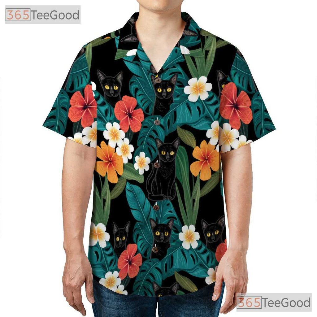 Blue Jungle Leaf Black Cat Hawaiian Shirt- Unisex Floral Island Style Top