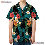 Blue Jungle Leaf Black Cat Hawaiian Shirt- Unisex Floral Island Style Top