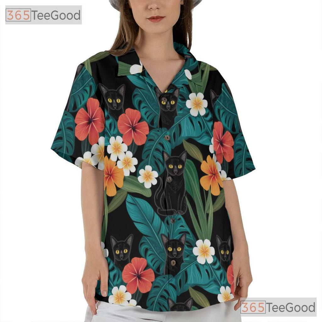 Blue Jungle Leaf Black Cat Hawaiian Shirt- Unisex Floral Island Style Top