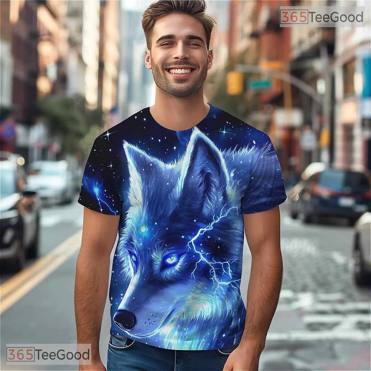 Blue Lightning Wolf American Eagle 3D Graphic Printed Casual Unisex Tee Shirt Top
