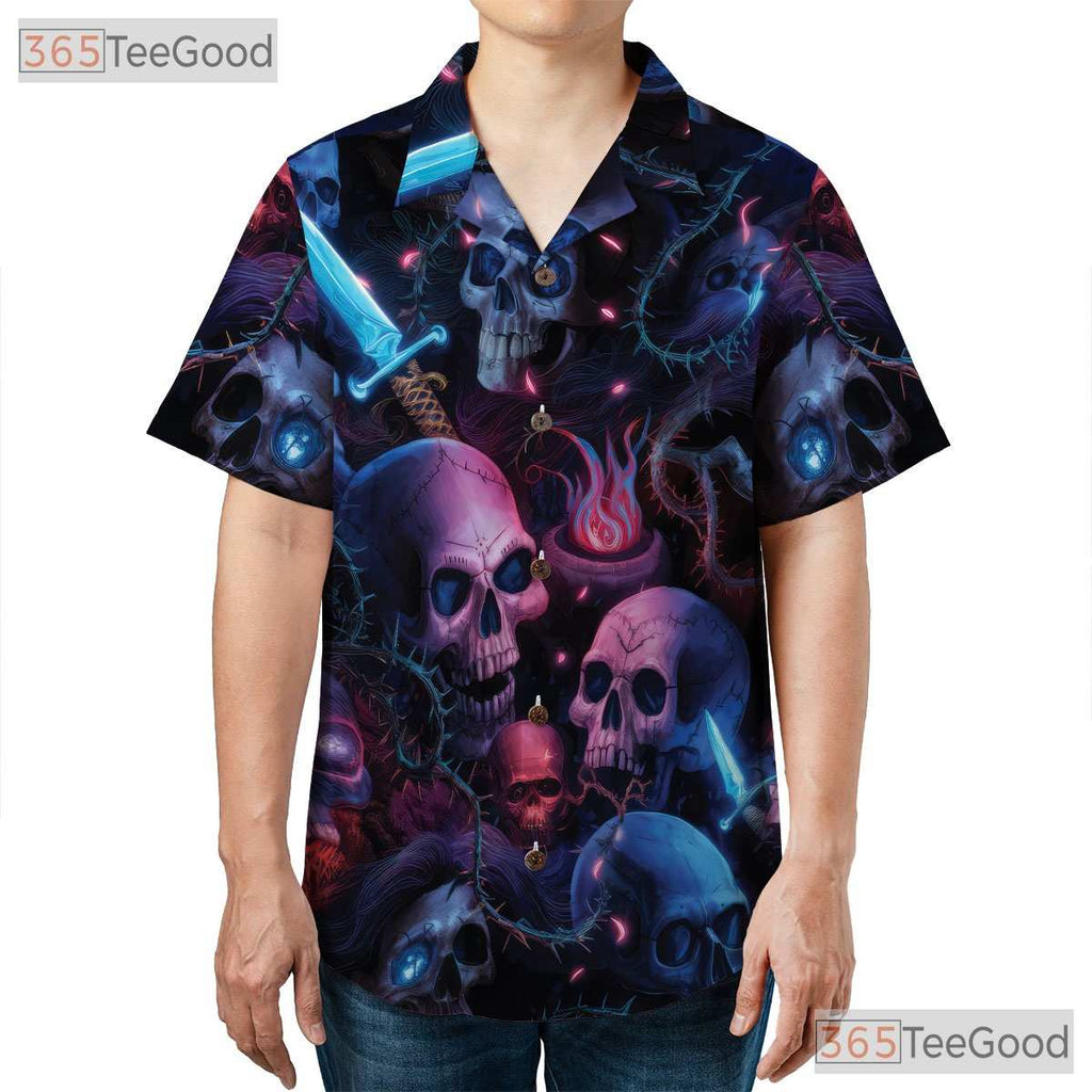 Blue Neon Skeleton Art Gothic Skull Hawaiian Shirt Men Women Aloha Summer Top