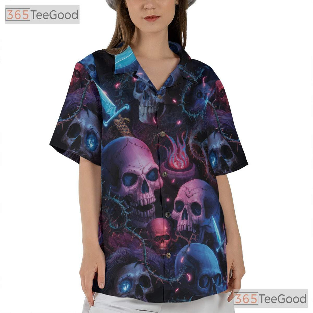 Blue Neon Skeleton Art Gothic Skull Hawaiian Shirt Men Women Aloha Summer Top
