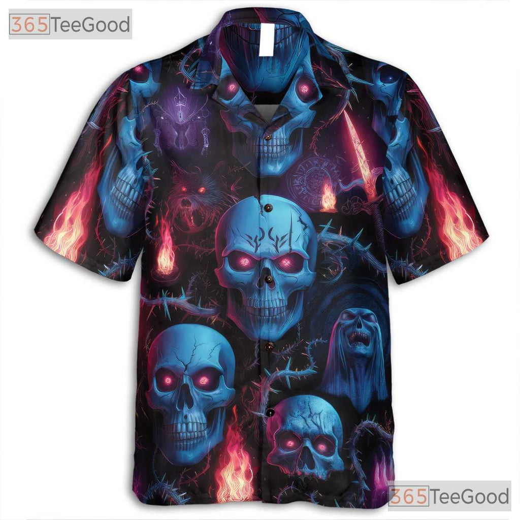 Blue Neon Skull Gothic Horror Skeleton Hawaiian Tee Men Women Summer Beach Top
