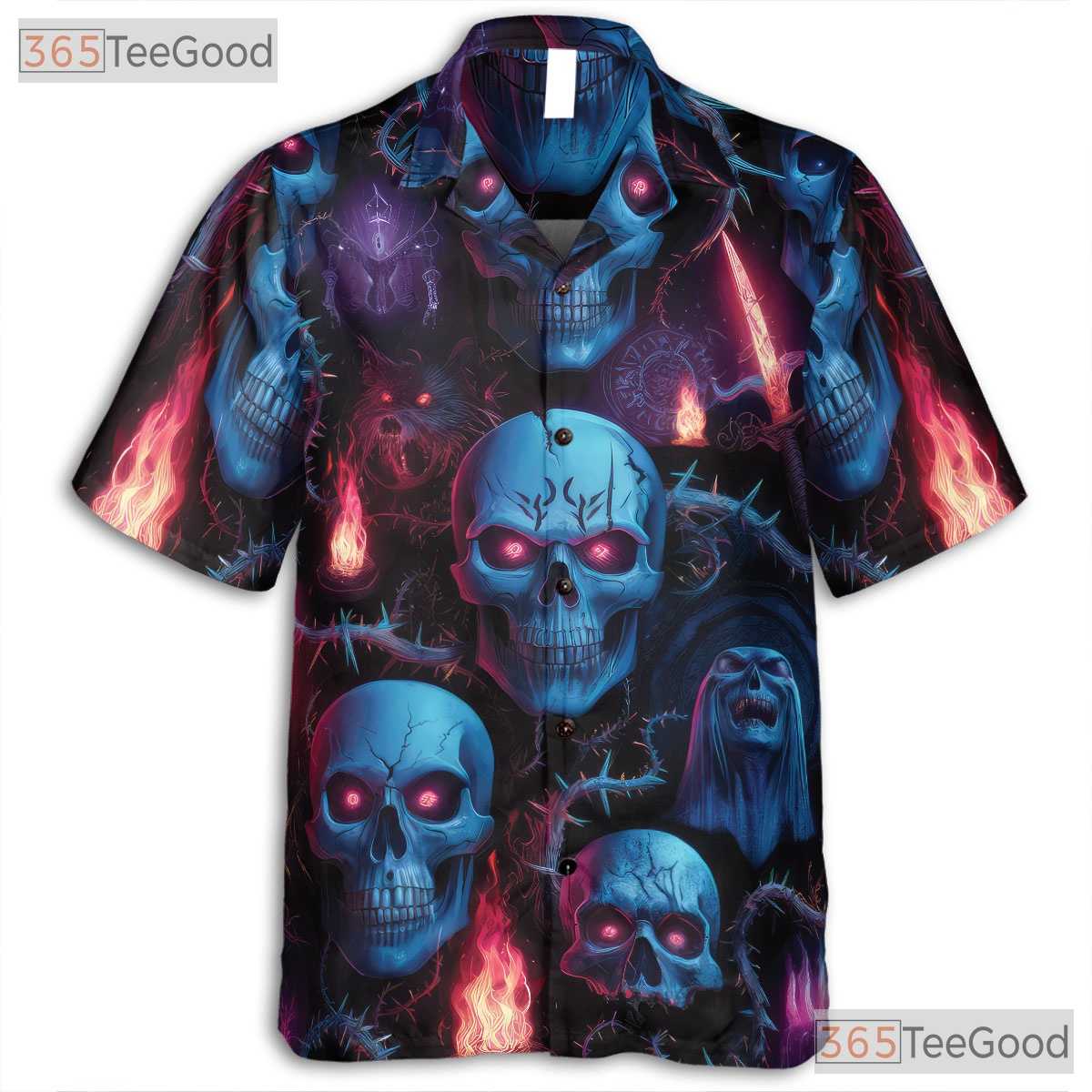 Blue Neon Skull Gothic Horror Skeleton Hawaiian Tee Men Women Summer Beach Top