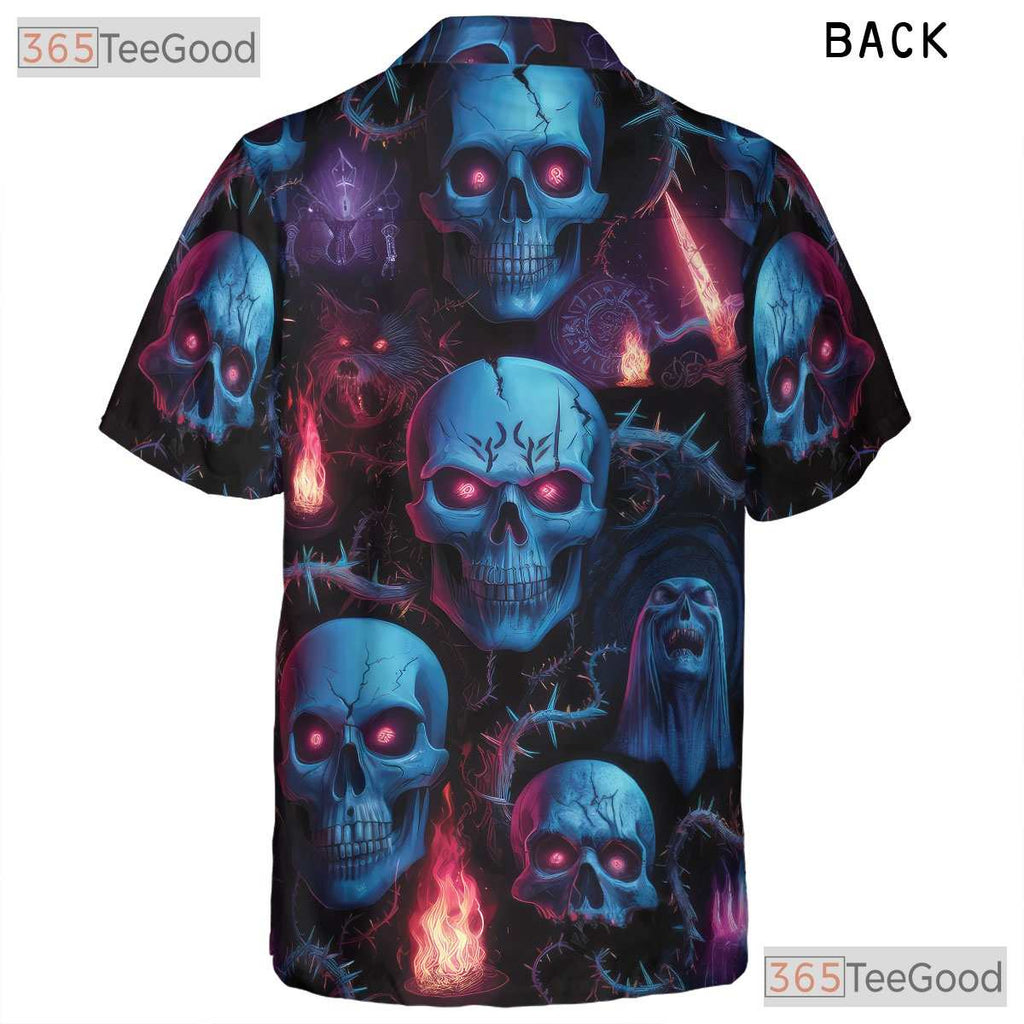 Blue Neon Skull Gothic Horror Skeleton Hawaiian Tee Men Women Summer Beach Top