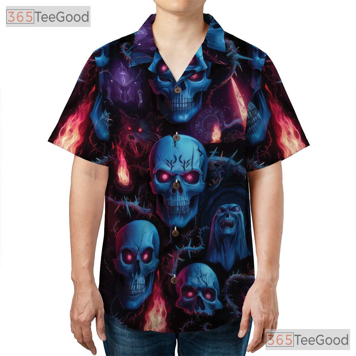 Blue Neon Skull Gothic Horror Skeleton Hawaiian Tee Men Women Summer Beach Top