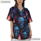 Blue Neon Skull Gothic Horror Skeleton Hawaiian Tee Men Women Summer Beach Top