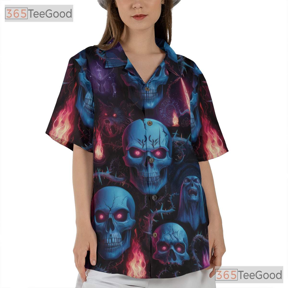 Blue Neon Skull Gothic Horror Skeleton Hawaiian Tee Men Women Summer Beach Top