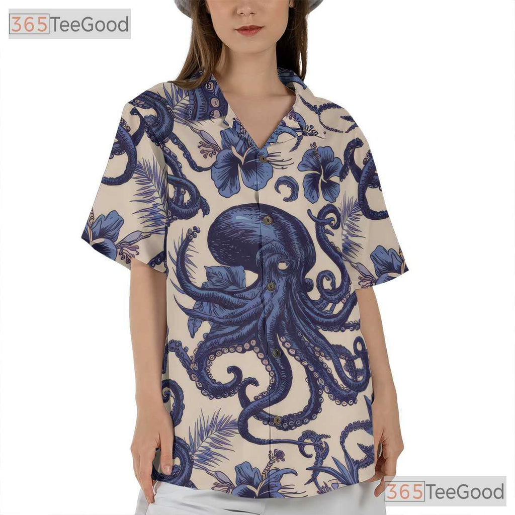 Blue Octopus Nautical Sea Life Hawaiian Shirt Men Women Summer Vacation Top