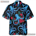 Blue Octopus Sea Creature Floral Aloha Hawaiian Shirt Unisex Summer Beach Top
