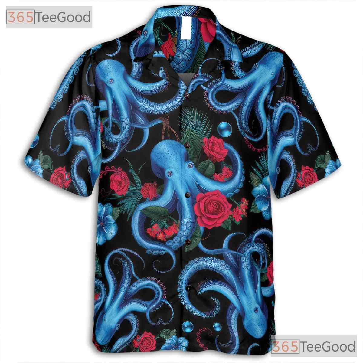 Blue Octopus Sea Creature Floral Aloha Hawaiian Shirt Unisex Summer Beach Top
