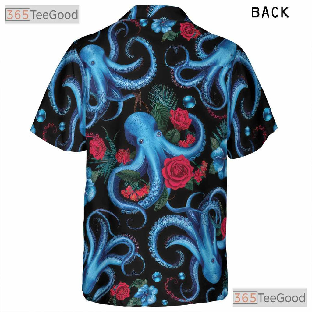 Blue Octopus Sea Creature Floral Aloha Hawaiian Shirt Unisex Summer Beach Top