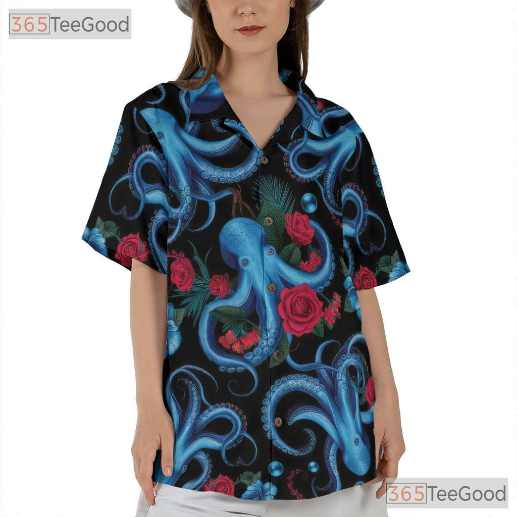 Blue Octopus Sea Creature Floral Aloha Hawaiian Shirt Unisex Summer Beach Top