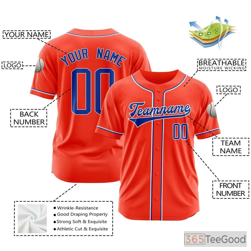 Blue Orange Baseball Jersey Tee for Men & Women - Add Your Team's Name, Number & Logo