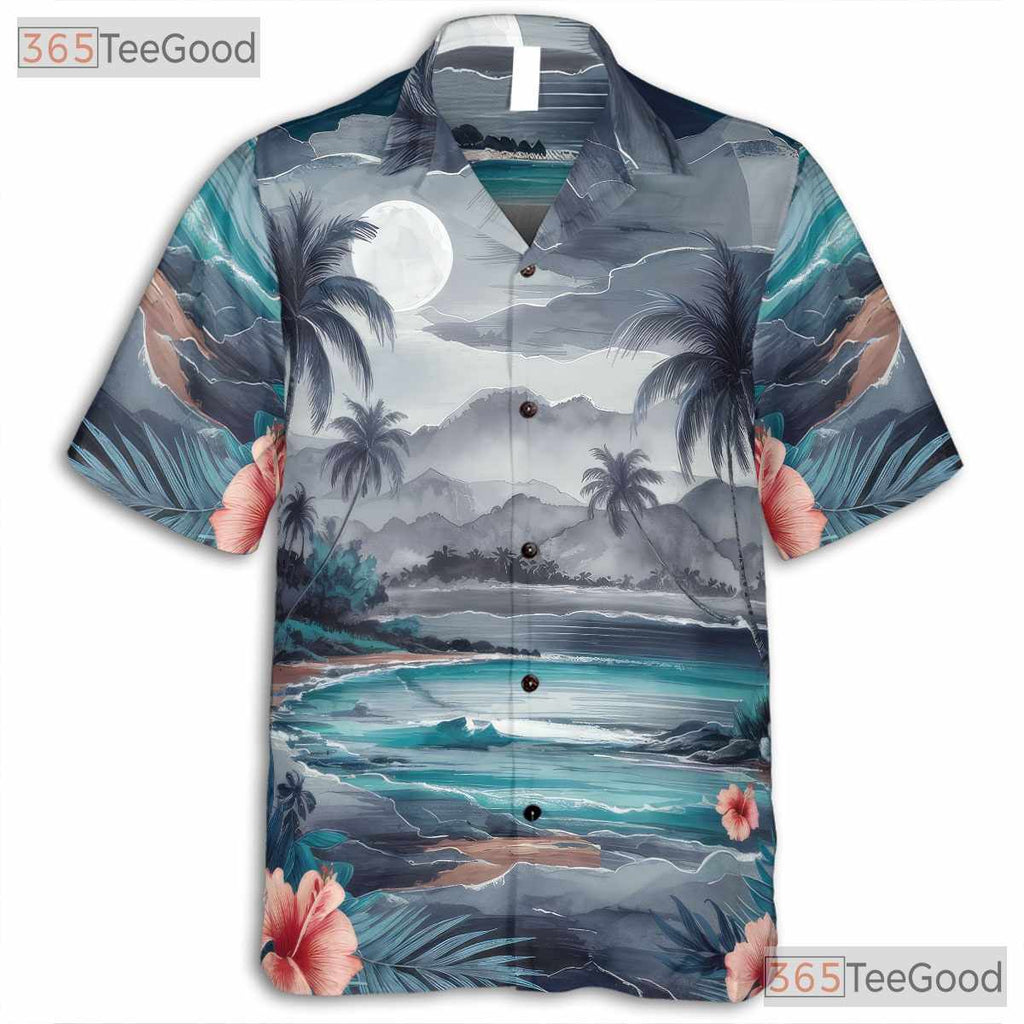 Blue Palm Tree Sunset Aloha Beach Hawaiian Tee Men Women Summer Vacation Outfit
