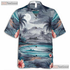 Blue Palm Tree Sunset Aloha Beach Hawaiian Tee Men Women Summer Vacation Outfit