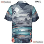 Blue Palm Tree Sunset Aloha Beach Hawaiian Tee Men Women Summer Vacation Outfit