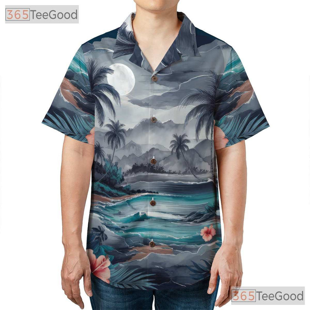 Blue Palm Tree Sunset Aloha Beach Hawaiian Tee Men Women Summer Vacation Outfit
