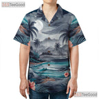 Blue Palm Tree Sunset Aloha Beach Hawaiian Tee Men Women Summer Vacation Outfit