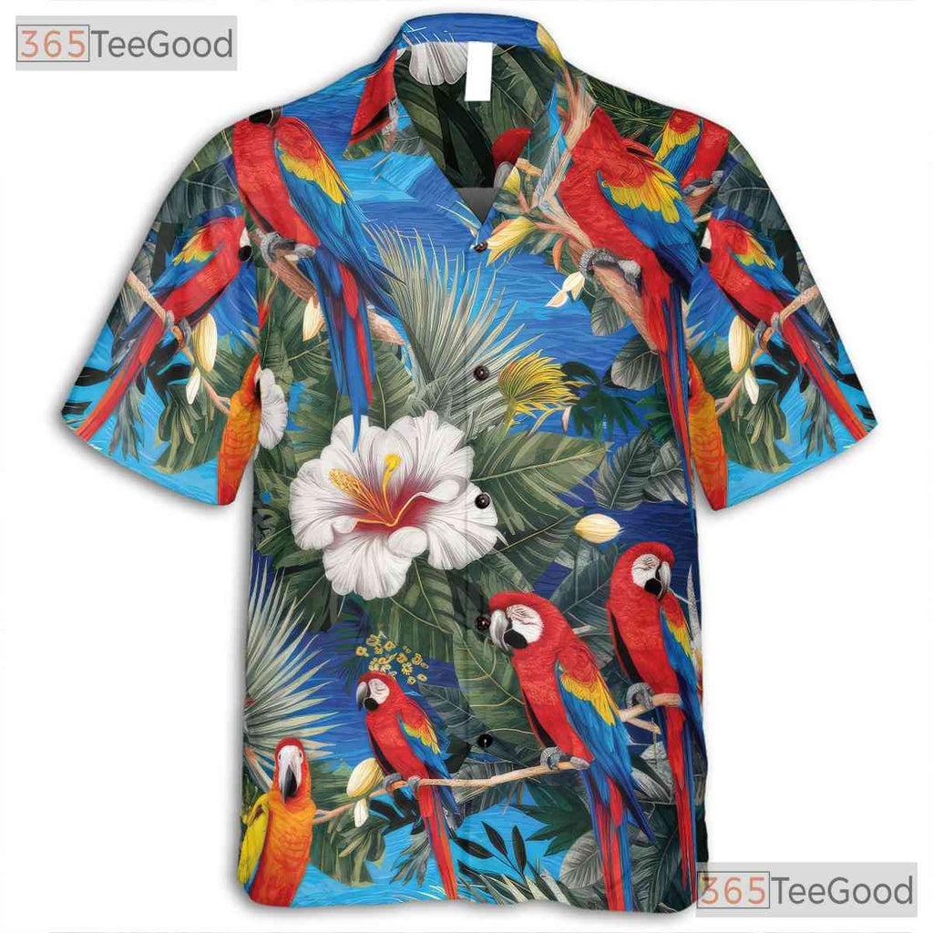 Blue Parrot Floral Beachwear Hawaiian Shirt Men Women Tropical Vacation Outfit