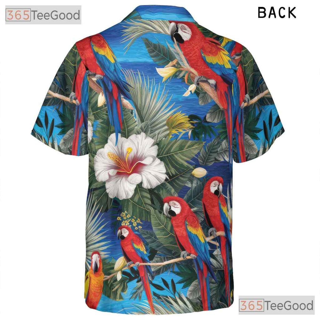 Blue Parrot Floral Beachwear Hawaiian Shirt Men Women Tropical Vacation Outfit
