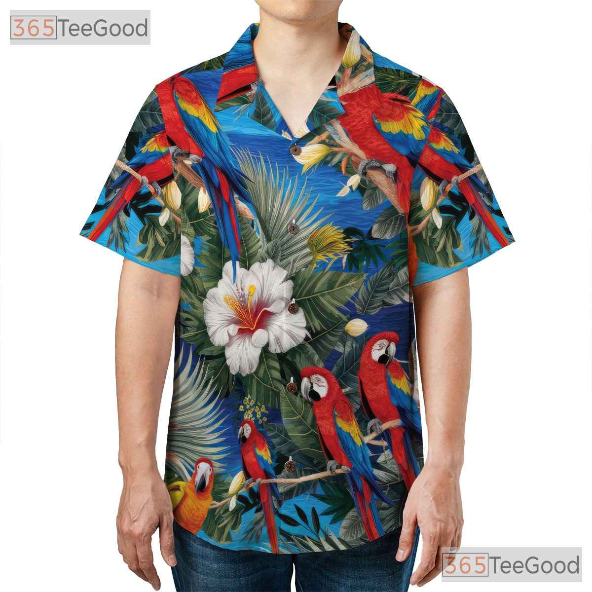 Blue Parrot Floral Beachwear Hawaiian Shirt Men Women Tropical Vacation Outfit