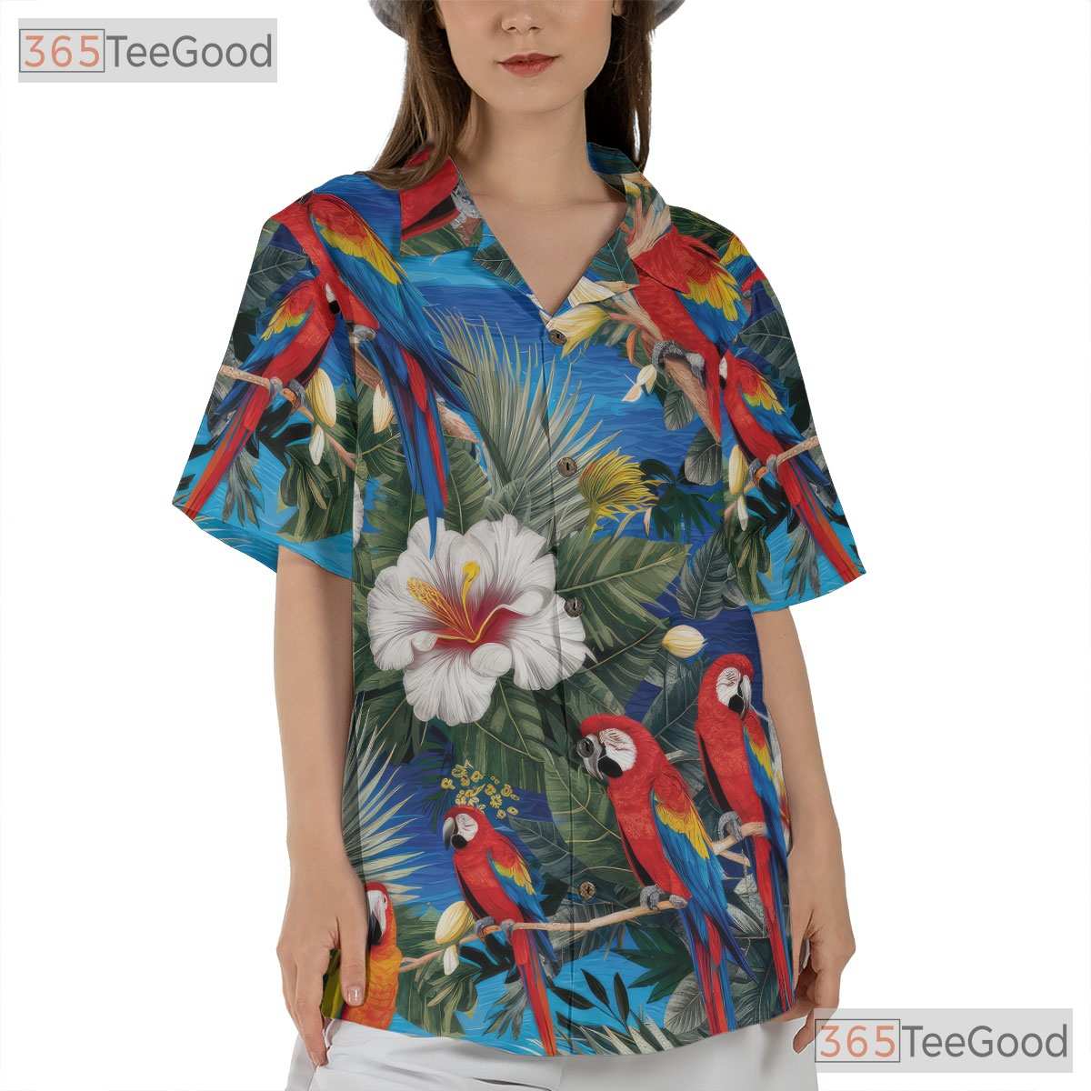Blue Parrot Floral Beachwear Hawaiian Shirt Men Women Tropical Vacation Outfit