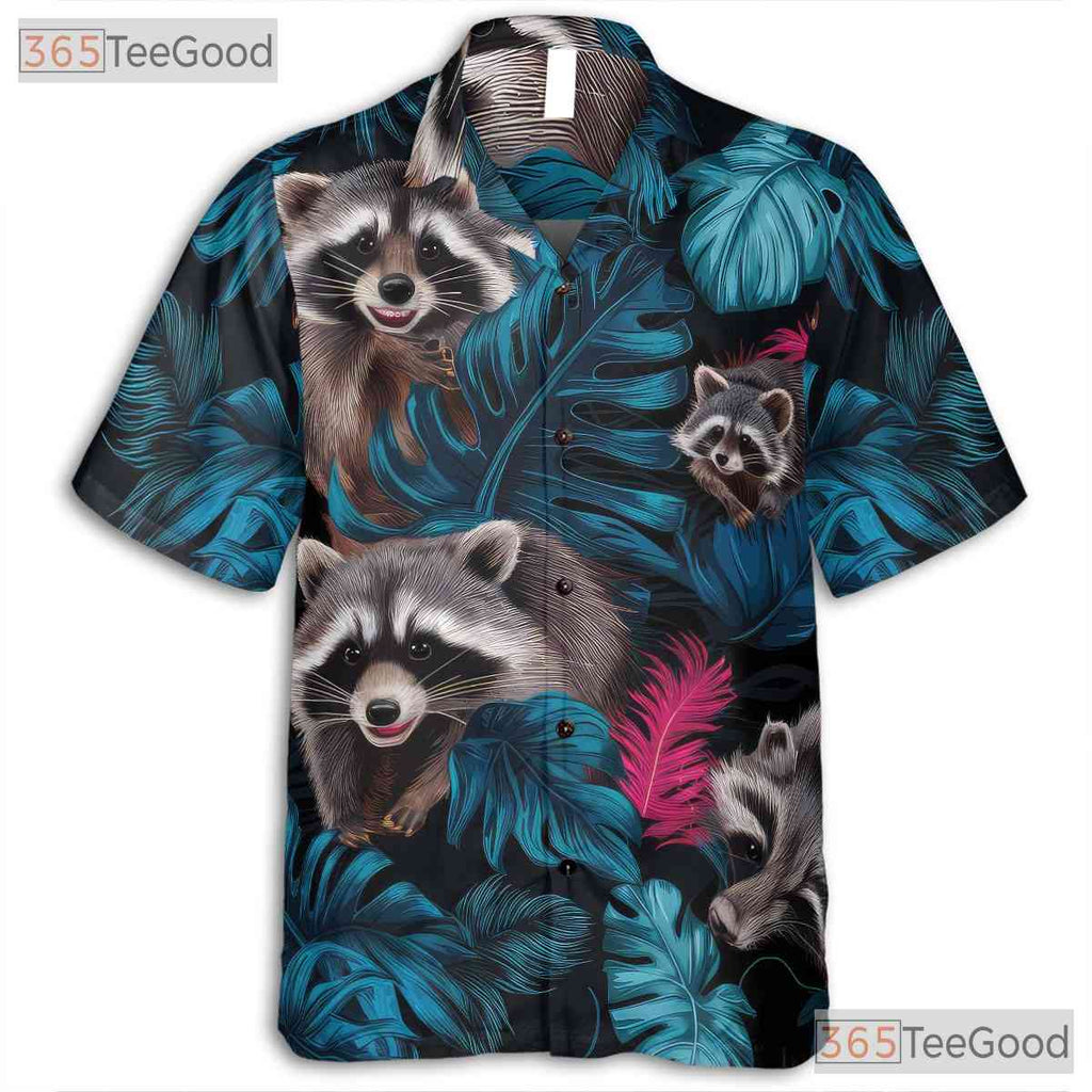 Blue Pink Raccoon Jungle Vibe Hawaiian Tee Unisex Summer Aloha Beach Outfit Top